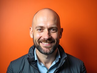 Obraz premium Portrait of smiling bald man with beard on orange background