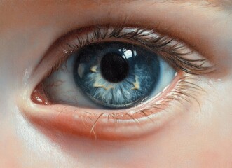 A close-up of the blue eye and eyelashes of an adorable baby boy, reflecting the light from his mother's face.