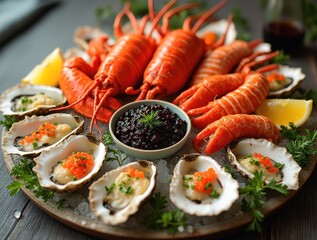 Exquisite Seafood Platter Featuring Lobster, Oysters, and Caviar