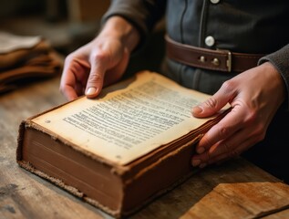 Naklejka premium Bookbinder restoring an antique book, sewing pages and applying leather covers