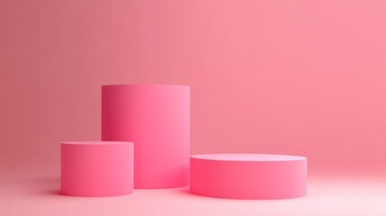 Three pink cylindrical platforms on a pink background.