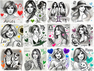 thumbs of women of all zodiac signs in hand drawing style, astrology and woman beauty concept 