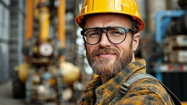 Man wearing a yellow hard hat and glasses is smiling. He is wearing a plaid shirt and a backpack