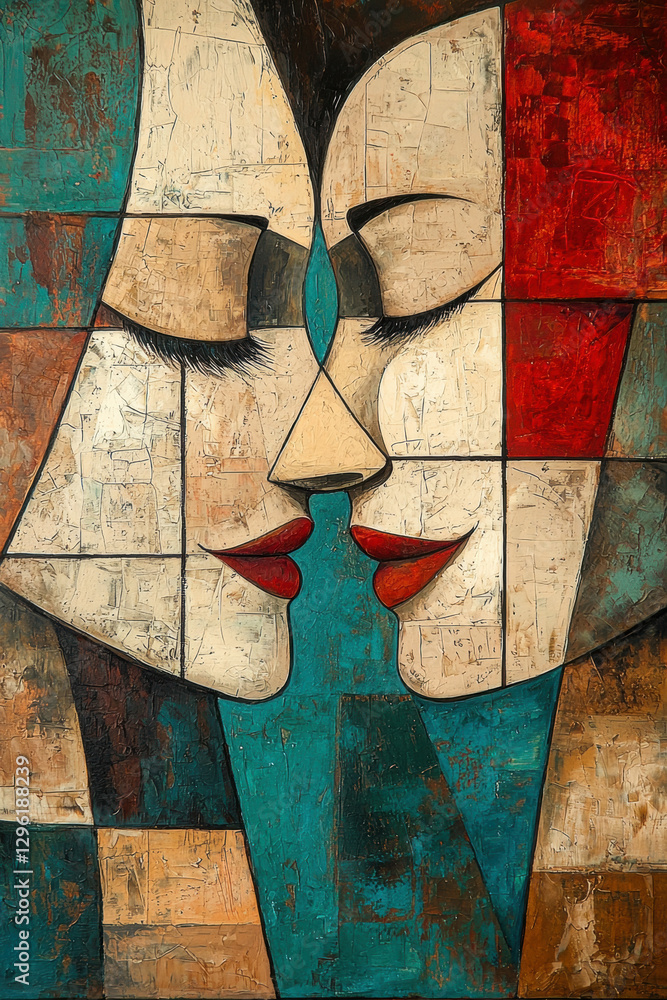 Poster cubist-style painting of two abstract faces in an intimate pose, created with geometric shapes and t