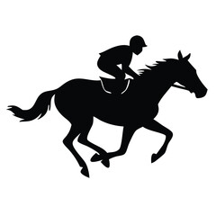 A black silhouette of a jockey riding a galloping horse, captured in mid-motion 