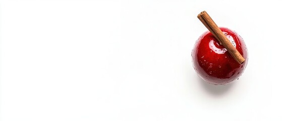 Red glazed dessert apple with cinnamon stick on white background.