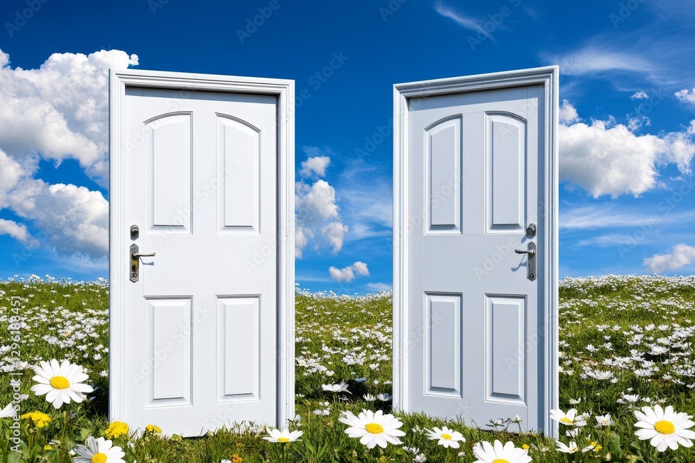 Poster two white doors stand side by side in the middle of an open field, with a beautiful blue sky and clo