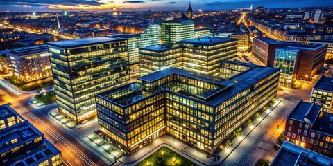 Fototapeta premium Copenhagen Aerial Night View: Modern Office Building, Cityscape Panorama