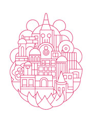 Abstract Bustling Cityscape with Detailed Architecture – Adult Coloring Page on White Background