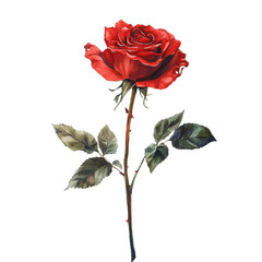 beautiful red rose with green leaves, isolated on transparency background, symbolizing love and passion