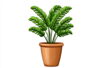 Fototapeta premium a 2D cartoon illustration of a potted ZZ plant, hardy and green, white background