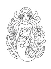 Fantasy Mermaid Surrounded by Ocean Flora and Fauna – Adult Coloring Page on White Background
