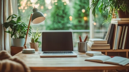 Fototapeta premium A cozy haven, where a desk bathed in natural light beckons, a laptop sits open, and a stack of books awaits inspiration, embodying the essence of a modern work-from-home lifestyle.