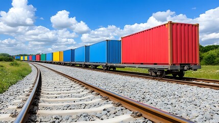 Obraz premium Colorful Cargo Train Transporting Shipping Containers on Railway Tracks under Sunny Sky