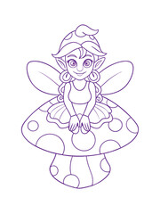 Whimsical Fairy Sitting on a Mushroom – Adult Coloring Page on White Background