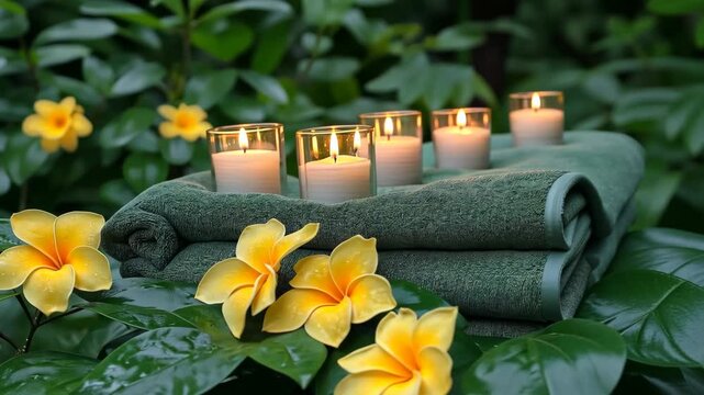 Bunch of candles are lit on top of a green towel. The candles are arranged in a row and are surrounded by yellow flowers. The scene has a calming and relaxing mood, as the candles