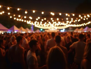 Crowd enjoying night festival with string lights and motion blur