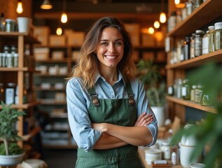 Smiling shop assistant working in cannabis store with arms crossed