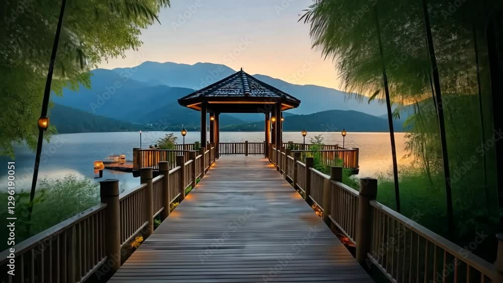Poster wooden bridge with a bamboo roof and a view of a lake. the bridge is lit up with lanterns, creating 