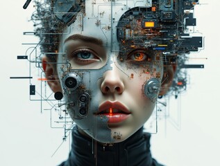 Woman merging with electronic circuits and mechanical components in futuristic digital art