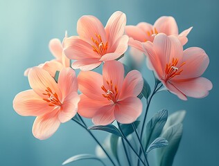 Fototapeta premium Soft Pink Flowers with Vibrant Orange Centers on a Blue Background