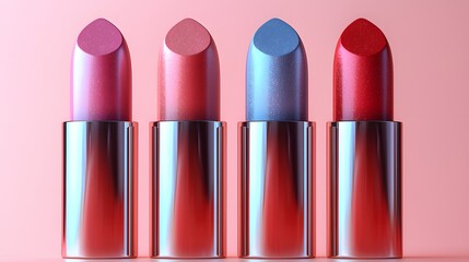 Fototapeta premium Four colorful lipsticks arranged in a row with a simple background