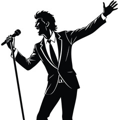 A black silhouette of a male singer passionately performing on stage, holding a microphone 