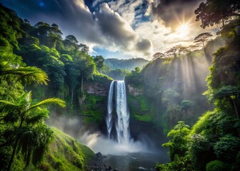 Fototapeta premium Costa Rica's San Fernando Waterfall Panorama: Majestic Silhouette in Lush Rainforest