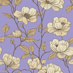 Elegant floral pattern with creamy flowers on a soft lavender backdrop.