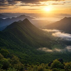 A breathtaking view of a misty mountain range at sunrise, with golden light filtering through the clouds. Lush green valleys below, hyper-realistic details, 8K quality