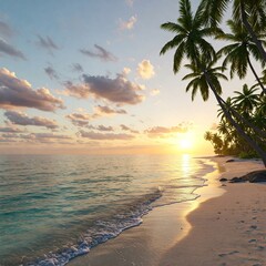 AI-generated A serene beach at sunset with crystal-clear water, smooth white sand, and gentle waves. Palm trees sway in the breeze, photorealistic with high dynamic range