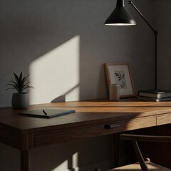 AI-generated A minimalist workspace with an elegant monochrome theme, featuring a single plant on a wooden desk, soft shadows, and ambient lighting