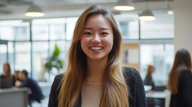 A vibrant young businesswoman, her smile radiating confidence and warmth, engaged in a lively discussion with her colleagues in an open-plan office, the lens capturing her radiant presence as she
