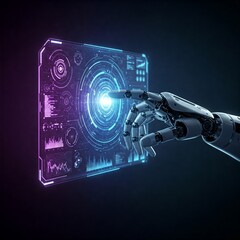 AI-GENERATED A close-up of a robotic hand reaching out to touch a holographic interface, blue and purple neon glow, hyper-detailed, sci-fi theme
