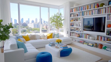 Modern White Living Room with City View Bookshelves and Blue Accents