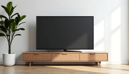 Flat-screen TV on a wooden cabinet in a bright room