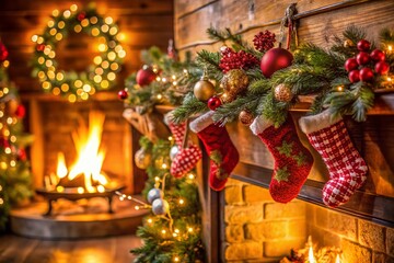 Cozy Christmas Fireplace with Festive Decorations - Stock Photo