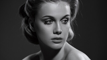 Fototapeta premium Monochrome close-up portrait of a young woman with elegant lighting, suitable for fashion editorials, artistic photography collections, beauty campaigns, magazines, classic portrait portfolios, ads