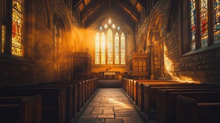 Fototapeta premium A serene interior of a church bathed in sunlight. The ambiance is peaceful and uplifting. Stained glass windows add color to the scene. Generative AI