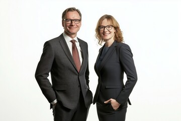 Full body portrait of a smiling business couple dressed in suits. Studio shot against a white background.