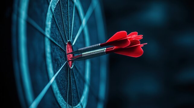 A close-up shot captures three crimson darts, poised mid-air, piercing the center of a dark blue target, symbolizing triumph, success, and unwavering focus on achieving business goals.