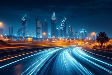 Fototapeta premium Night cityscape with towering skyscrapers and streaks of light from moving traffic, captured with long exposure. Perfect backdrop for automotive advertisements and urban development themes.