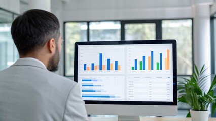 Fototapeta premium Cloud computing serverless concept. Business professional analyzing data on a large computer screen in a modern office.