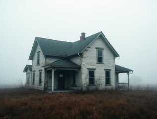 Old abandoned house standing alone in a foggy field