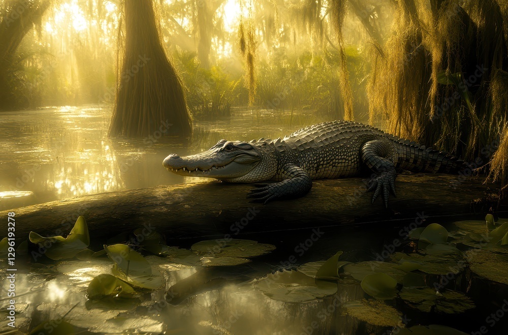 Poster serene swamp scene with alligator resting on log surrounded by lush greenery and soft morning light 