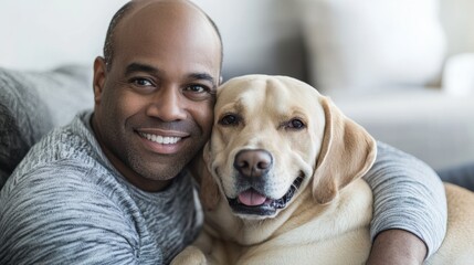 Rare illness patient smiling with a support animal by their side on a soft couch. Featuring companionship and healing