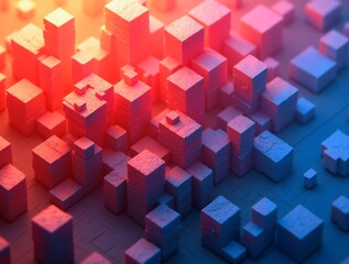 Abstract cityscape glowing in warm and cool light: futuristic pixel art