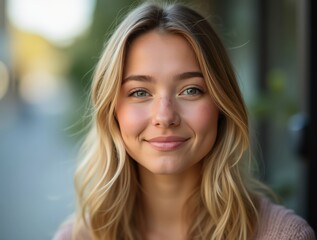 Fototapeta premium Young woman smiling warmly in natural light