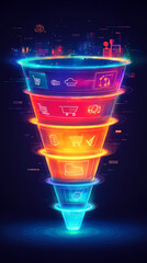 A vibrant digital marketing funnel representing various stages of consumer engagement and decision-making.