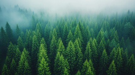 Fototapeta premium Misty mountain evergreen forest aerial view